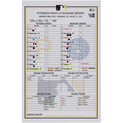Pittsburgh Pirates Game-Used Lineup Card vs. Milwaukee Brewers on August 31, 2022