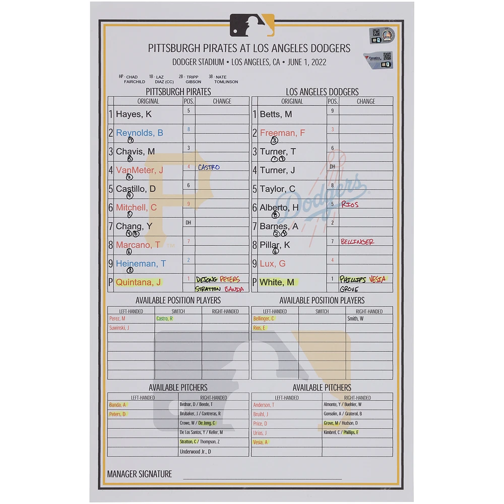 Pittsburgh Pirates Game-Used Lineup Card vs. Los Angeles Dodgers on June 1, 2022
