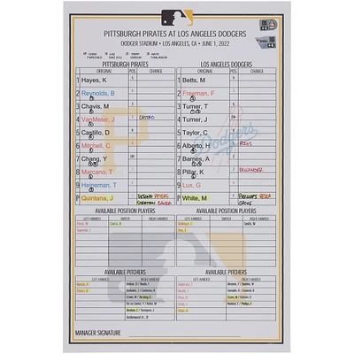 Pittsburgh Pirates Game-Used Lineup Card vs. Los Angeles Dodgers on June 1, 2022