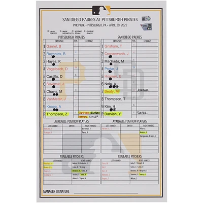 Pittsburgh Pirates Game-Used Lineup Card vs. San Diego Padres on April 29, 2022