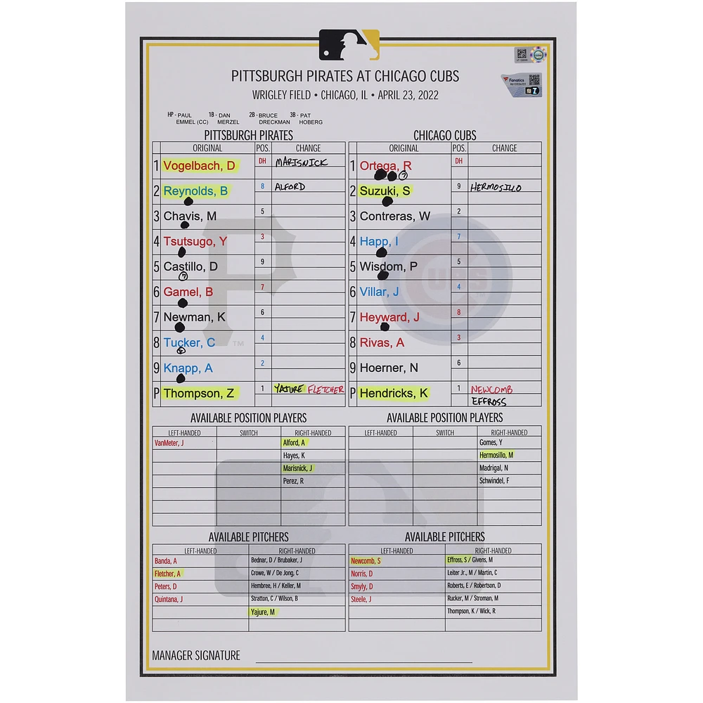 Pittsburgh Pirates Game-Used Lineup Card vs. Chicago Cubs on April 23, 2022