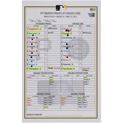 Pittsburgh Pirates Game-Used Lineup Card vs. Chicago Cubs on April 23, 2022