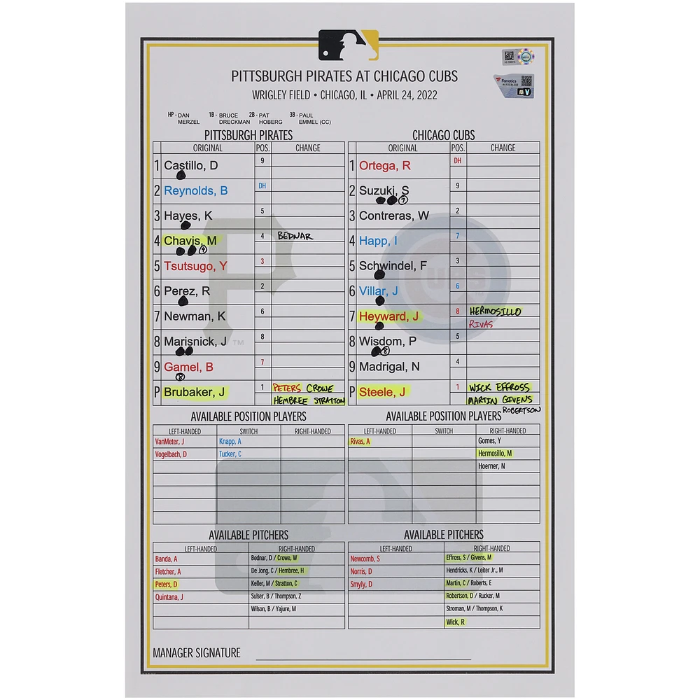 Pittsburgh Pirates Game-Used Lineup Card vs. Chicago Cubs on April 24, 2022