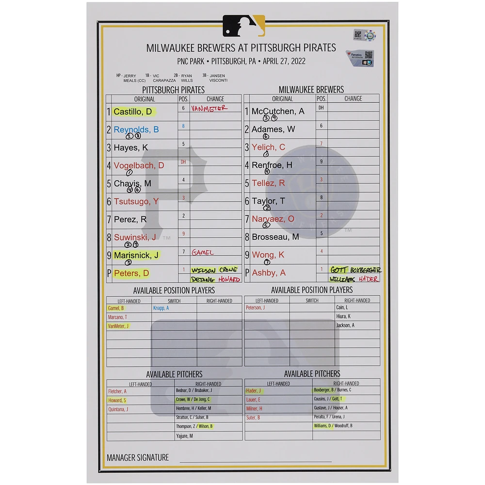 Pittsburgh Pirates Game-Used Lineup Card vs. Milwaukee Brewers on April 27, 2022