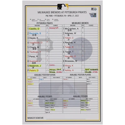 Pittsburgh Pirates Game-Used Lineup Card vs. Milwaukee Brewers on April 27, 2022
