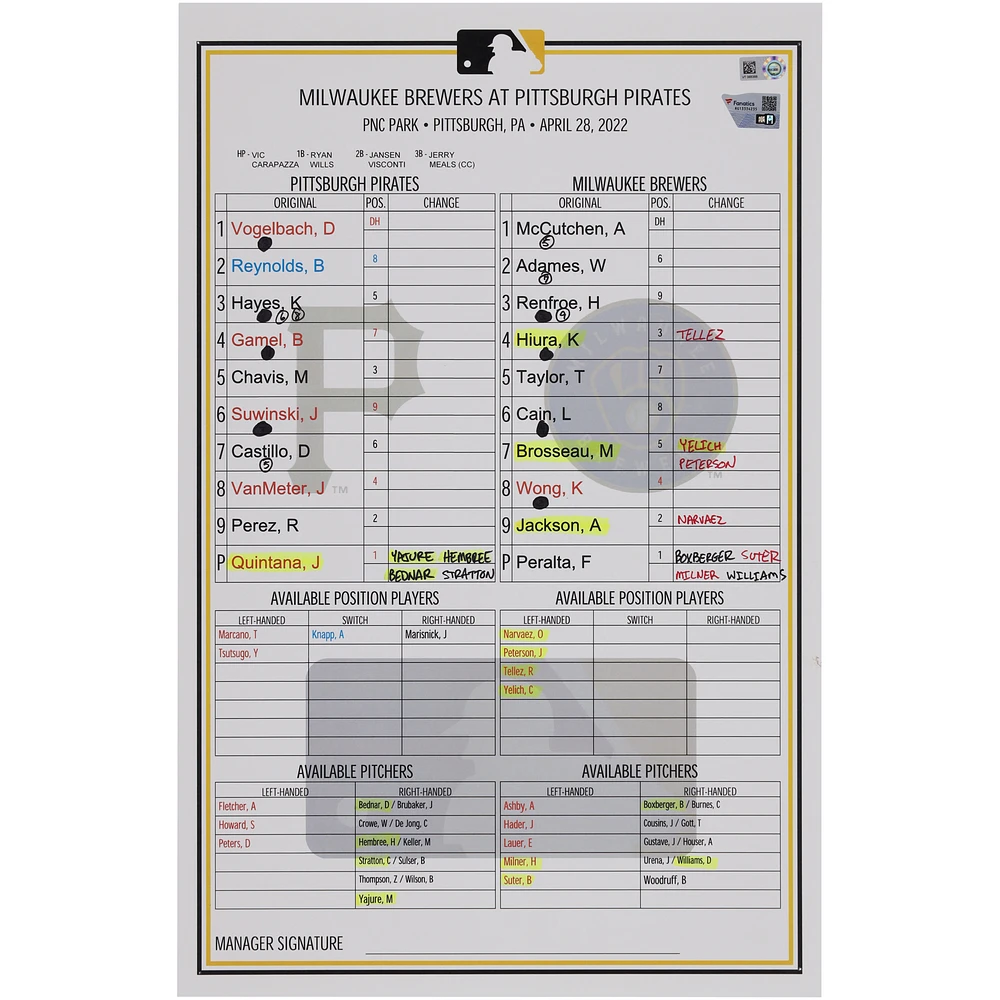 Pittsburgh Pirates Game-Used Lineup Card vs. Milwaukee Brewers on April 28, 2022