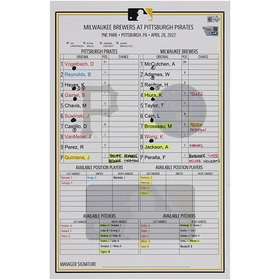 Pittsburgh Pirates Game-Used Lineup Card vs. Milwaukee Brewers on April 28, 2022