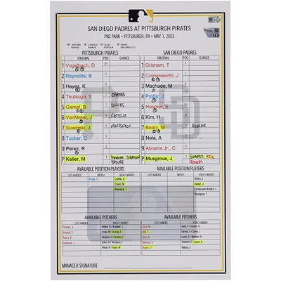 Pittsburgh Pirates Game-Used Lineup Card vs. San Diego Padres on May 1, 2022