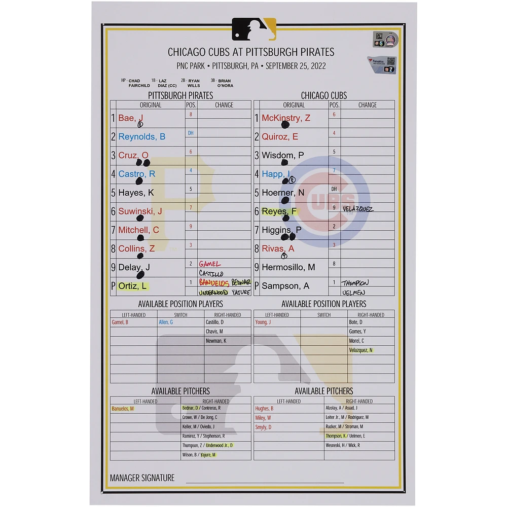 Pittsburgh Pirates Game-Used Lineup Card vs. Chicago Cubs on September 25, 2022