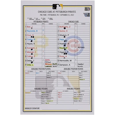 Pittsburgh Pirates Game-Used Lineup Card vs. Chicago Cubs on September 25, 2022