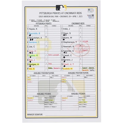 Pittsburgh Pirates Game-Used Lineup Card vs. Cincinnati Reds on April 1, 2023