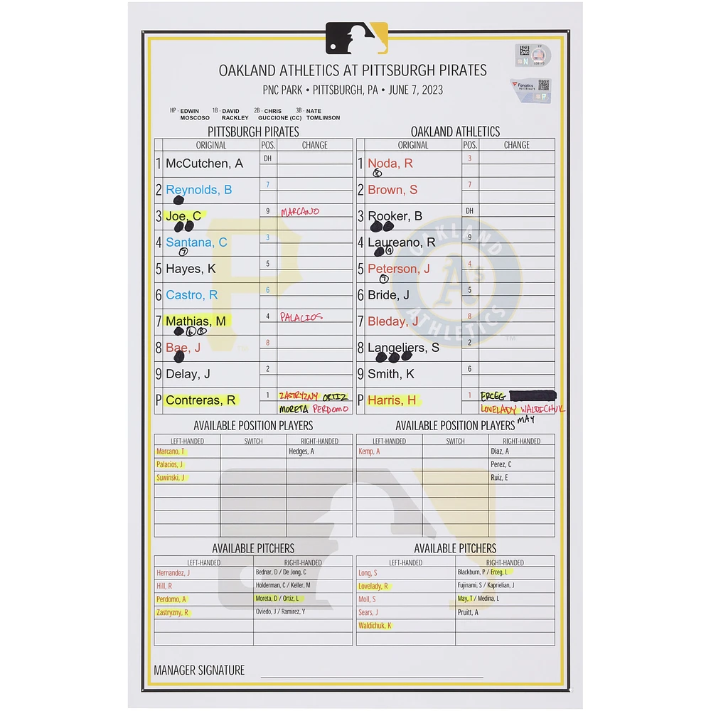 Pittsburgh Pirates Game-Used Lineup Card vs. Oakland Athletics on June 7, 2023