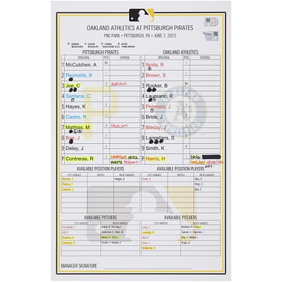 Pittsburgh Pirates Game-Used Lineup Card vs. Oakland Athletics on June 7, 2023