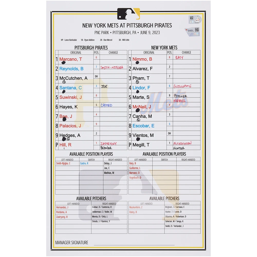 Pittsburgh Pirates Game-Used Lineup Card vs. New York Mets on June 6, 2023