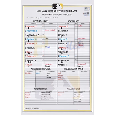 Pittsburgh Pirates Game-Used Lineup Card vs. New York Mets on June 6, 2023