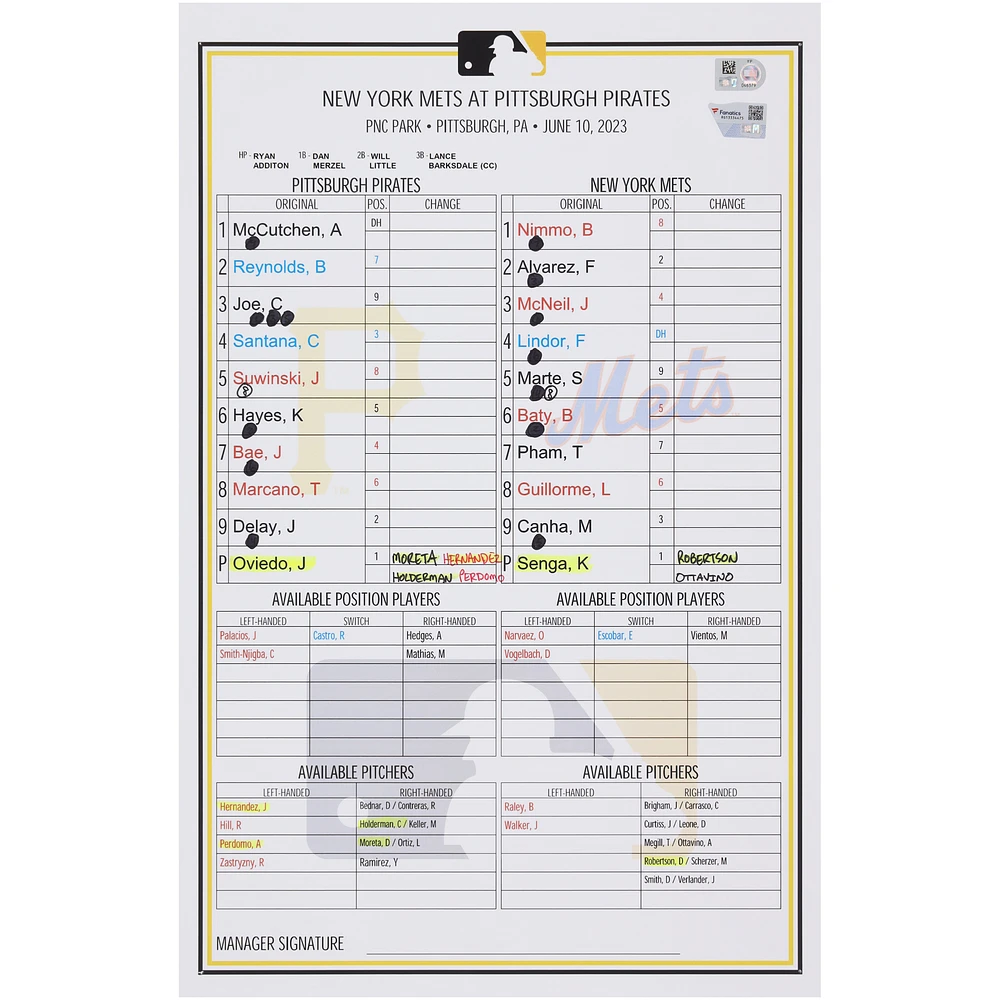 Pittsburgh Pirates Game-Used Lineup Card vs. New York Mets on June 10, 2023