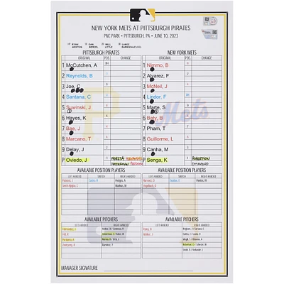 Pittsburgh Pirates Game-Used Lineup Card vs. New York Mets on June 10, 2023