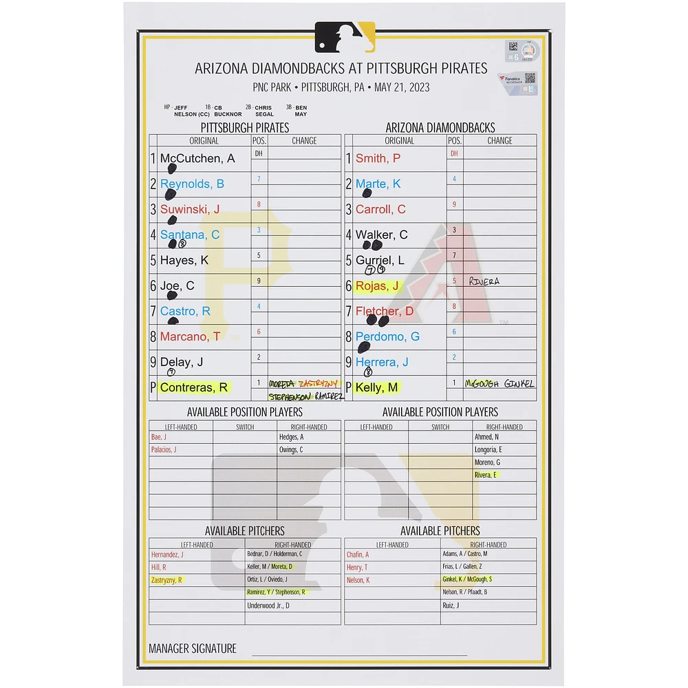Pittsburgh Pirates Game-Used Lineup Card vs. Arizona Diamondbacks on May 21, 2023