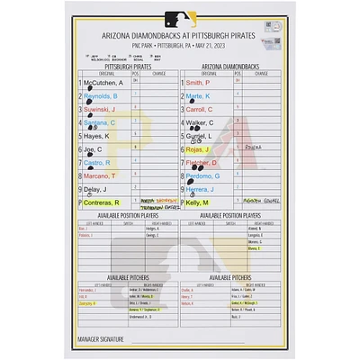 Pittsburgh Pirates Game-Used Lineup Card vs. Arizona Diamondbacks on May 21, 2023