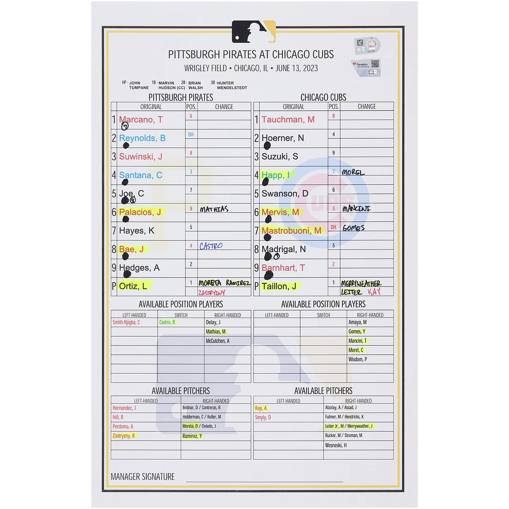 Pittsburgh Pirates Game-Used Lineup Card vs. Chicago Cubs on June 13, 2023