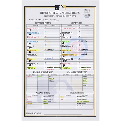 Pittsburgh Pirates Game-Used Lineup Card vs. Chicago Cubs on June 13, 2023