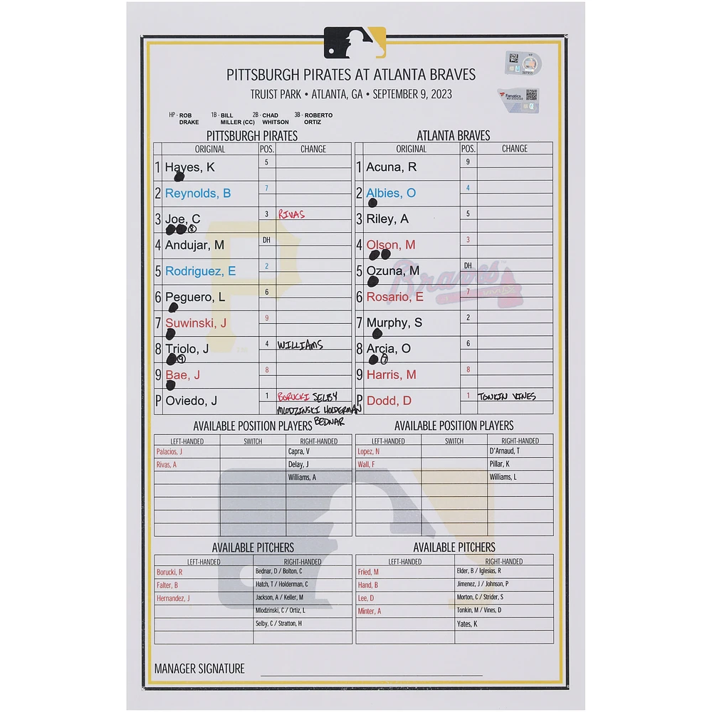Pittsburgh Pirates Game-Used Lineup Card vs. Atlanta Braves on September 9, 2023