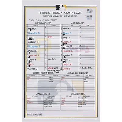 Pittsburgh Pirates Game-Used Lineup Card vs. Atlanta Braves on September 9, 2023