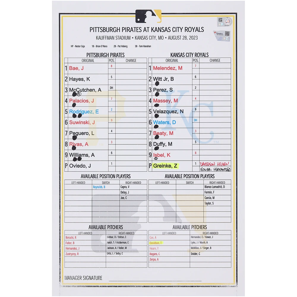 Pittsburgh Pirates Game-Used Lineup Card vs. Kansas City Royals on August 28, 2023