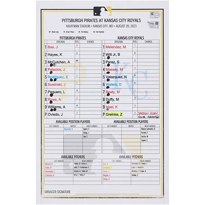 Pittsburgh Pirates Game-Used Lineup Card vs. Kansas City Royals on August 28, 2023