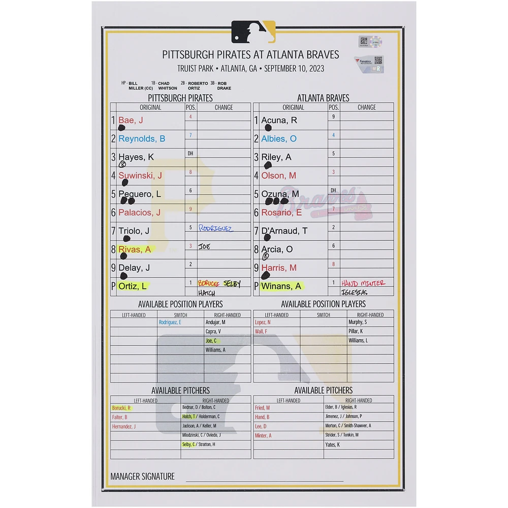 Pittsburgh Pirates Game-Used Lineup Card vs. Atlanta Braves on September 10, 2023