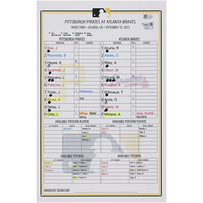 Pittsburgh Pirates Game-Used Lineup Card vs. Atlanta Braves on September 10, 2023