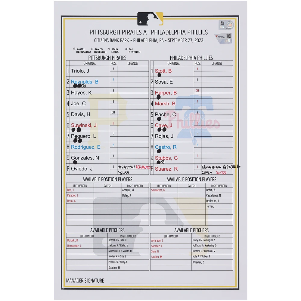 Pittsburgh Pirates Game-Used Lineup Card vs. Philadelphia Phillies on September 27, 2023