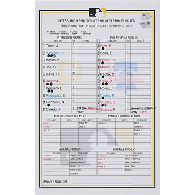 Pittsburgh Pirates Game-Used Lineup Card vs. Philadelphia Phillies on September 27, 2023