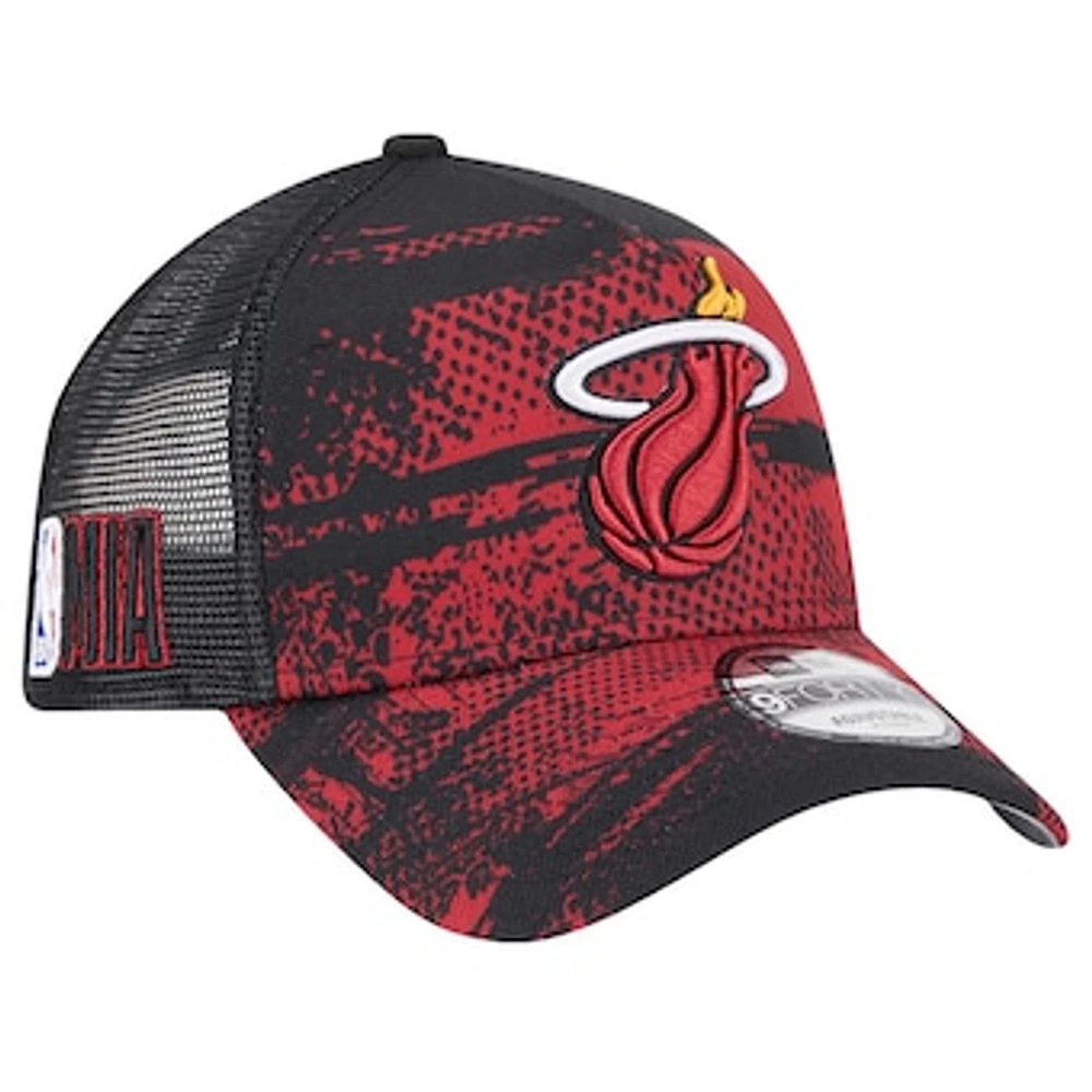 Men's New Era Black/Red Miami Heat Tip Off A-Frame Trucker 9FORTY Adjustable Hat