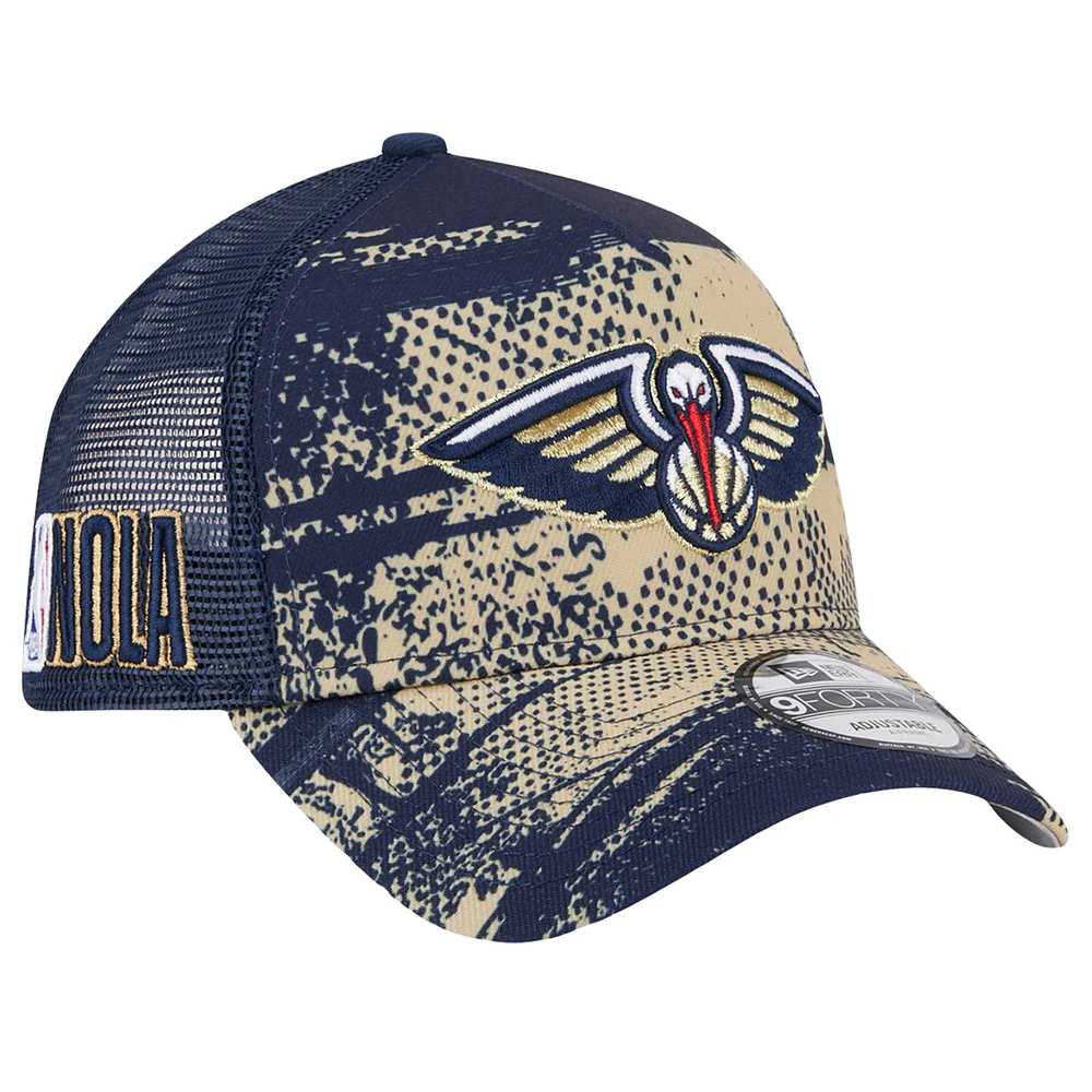 Men's New Era Navy/Gold New Orleans Pelicans Tip Off A-Frame Trucker 9FORTY Adjustable Hat