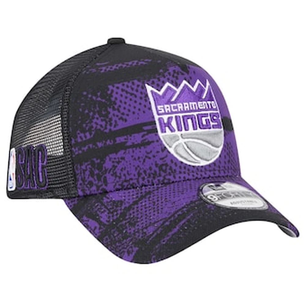 Men's New Era Black/Purple Sacramento Kings Tip Off A-Frame Trucker 9FORTY Adjustable Hat