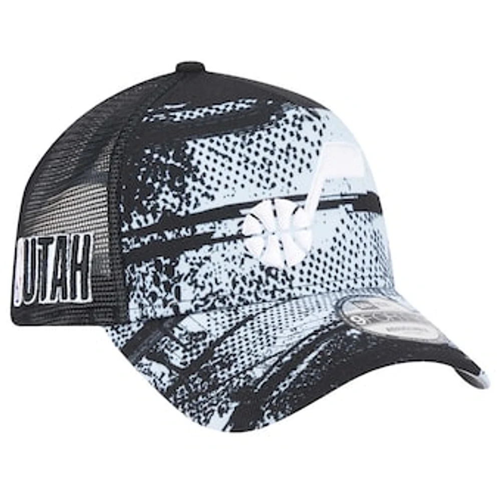 Men's New Era Black/White Utah Jazz Tip Off A-Frame Trucker 9FORTY Adjustable Hat