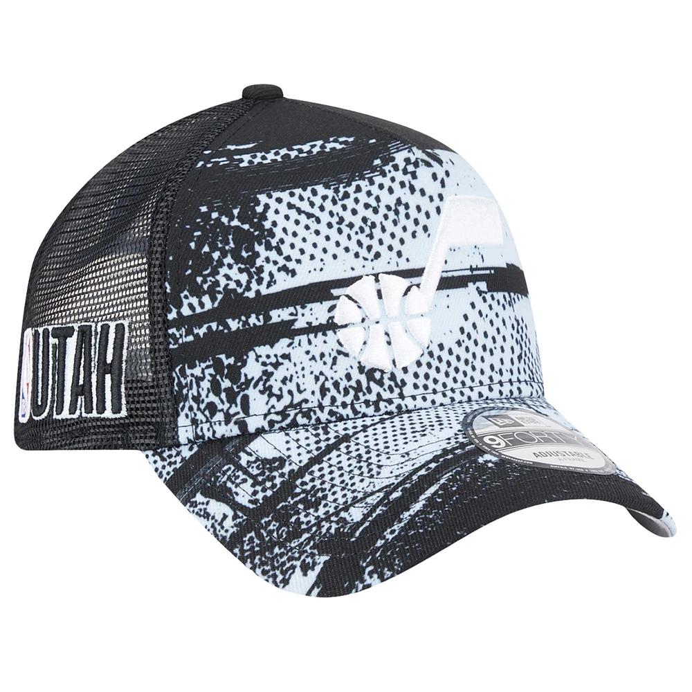 Men's New Era Black/White Utah Jazz Tip Off A-Frame Trucker 9FORTY Adjustable Hat