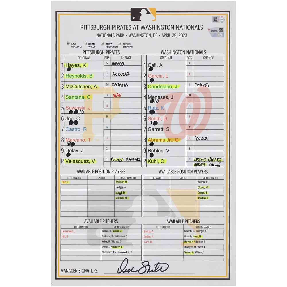 Pittsburgh Pirates Game-Used Lineup Card vs. Washington Nationals on April 29, 2023 - Game Two of Doubleheader