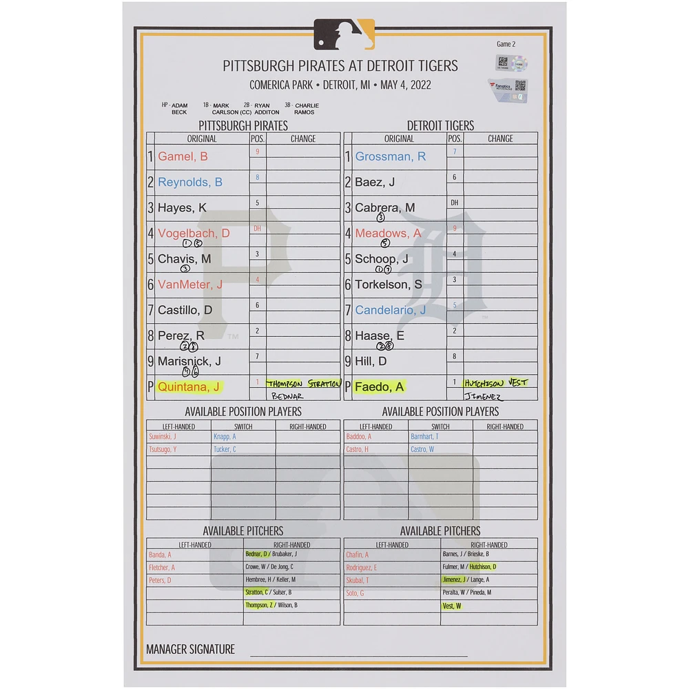 Pittsburgh Pirates Game-Used Lineup Card vs. Detroit Tigers on May 4, 2022 - Game Two of Doubleheader