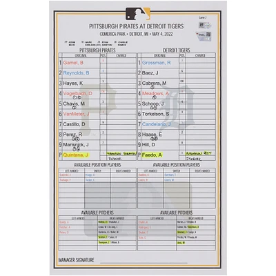 Pittsburgh Pirates Game-Used Lineup Card vs. Detroit Tigers on May 4, 2022 - Game Two of Doubleheader