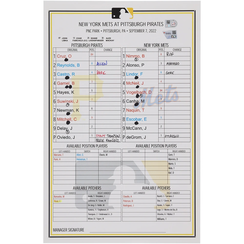 Pittsburgh Pirates Game-Used Lineup Card vs. New York Mets on September 7, 2022 - Game Two of Doubleheader