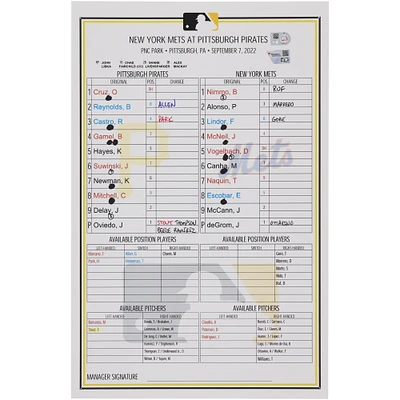 Pittsburgh Pirates Game-Used Lineup Card vs. New York Mets on September 7, 2022 - Game Two of Doubleheader
