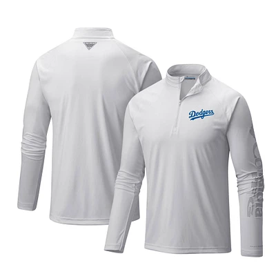 Men's Columbia White Los Angeles Dodgers Terminal Tackle Omni-Shade Raglan Quarter-Zip Pullover Top