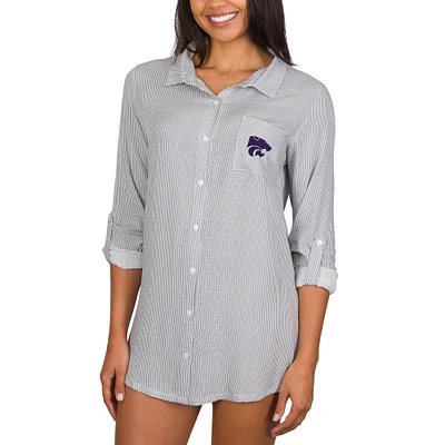 Women's College Concepts Gray Kansas State Wildcats Full-Button Long Sleeve Melody Nightshirt