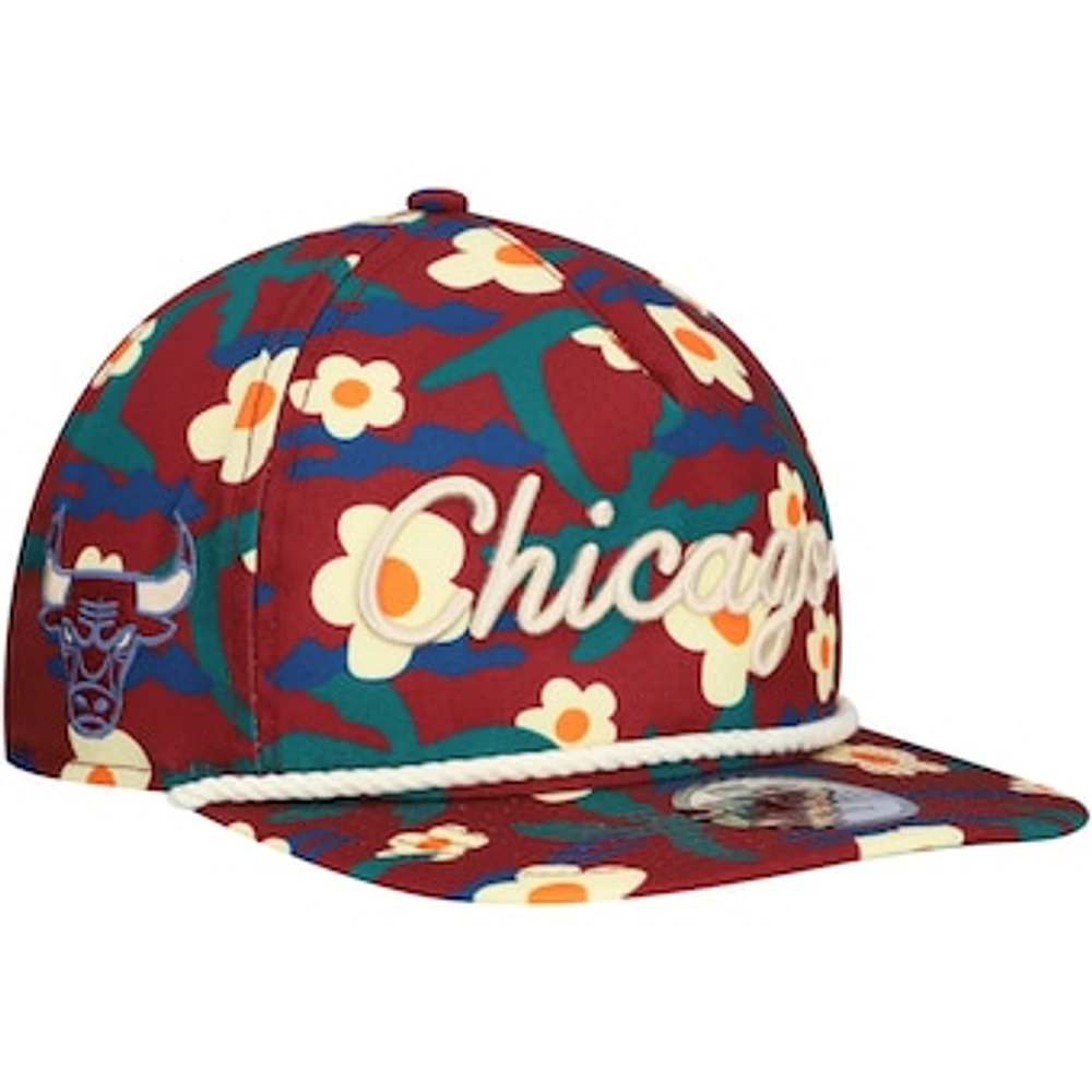 Men's New Era Crimson Chicago Bulls Vacation Floral Golfer Snapback Hat