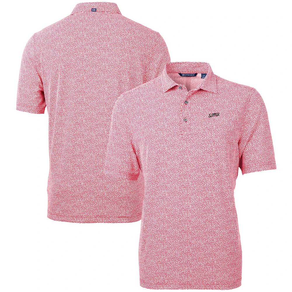 Men's Cutter & Buck Red SMU Mustangs Vault DryTec Virtue Eco Pique Botanical Print Recycled Polo