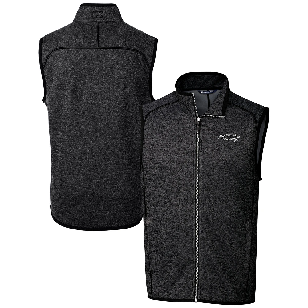 Men's Cutter & Buck Heather Charcoal Montana State Bobcats Vault Mainsail Sweater Knit Fleece Full-Zip Vest