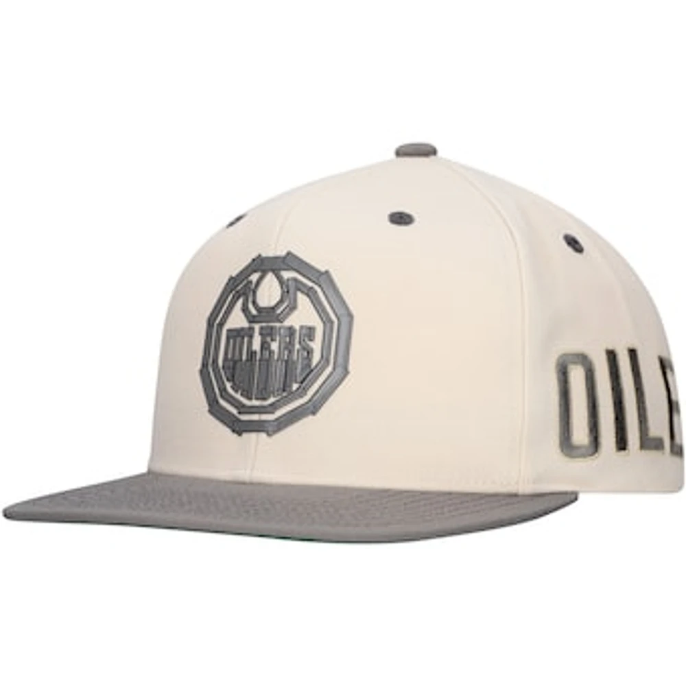 Men's Mitchell & Ness Cream Edmonton Oilers Black Tape Snapback Hat