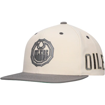 Men's Mitchell & Ness Cream Edmonton Oilers Black Tape Snapback Hat